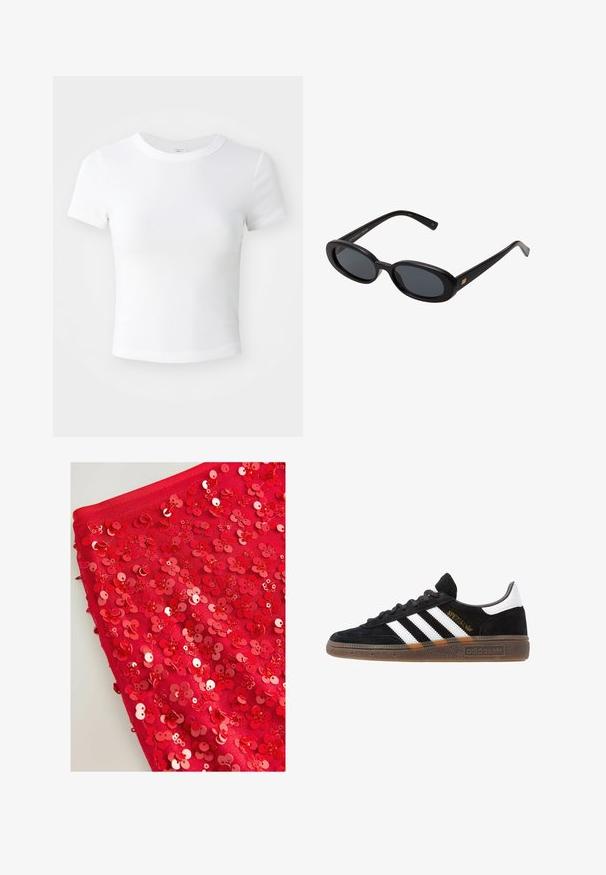 Simpel hvid kortærmet cropped t-shirt med rund halsudskæring, præsenteret på en neutral lys baggrund.; Rød stof dækket af skinnende røde pailletter formet som blomster, med varierende størrelser og teksturer, der skaber et lagdelt, tekstureret udseende.; Sort Adidas sneakers med hvide striber, guld "Spezial" tekst, gummisål og hvid hælflap, vist i profil.; Store store