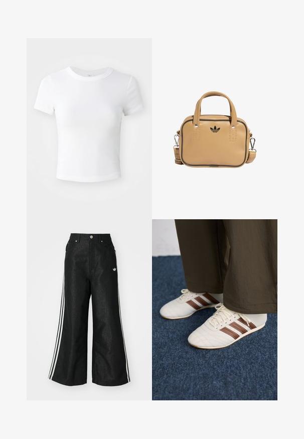 Klassisk hvit kortermet cropped t-skjorte med rund hals, vist på en nøytral lys bakgrunn.; Sorte vide benbukser med tre hvite striper på hver side og en liten hvit logo. Har frontlommer og knappelukking.; Hvite sneakers med brune striper, iført med brune bukser på blå teppebelagt gulv.; Tan vegan lærveske med to håndtak, avtagbar skulderrem, svart kontrastsøm, og en liten svart logo på fronten.