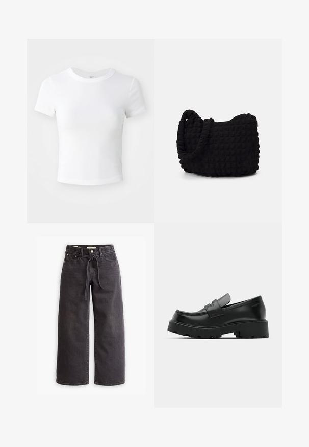 Egyszínű fehér, rövid ujjú, cropped póló kerek nyakkivágással, egy semleges, világos háttéren bemutatva.; Fekete, bőszárú farmernadrág, állítható derékkal, öt zsebbel és kontrasztos varrási részletekkel. Lapos elülső dizájn.; Fekete bőr loaferek, vastag, texturált talppal, egy pánttal a lábujj részen és sima, polírozott felülettel.; Fekete szövet táska texturált, steppelt mintával. Kerek formájú, rövid, vastag fogantyúkkal és puha, rugalmas szerkezettel.