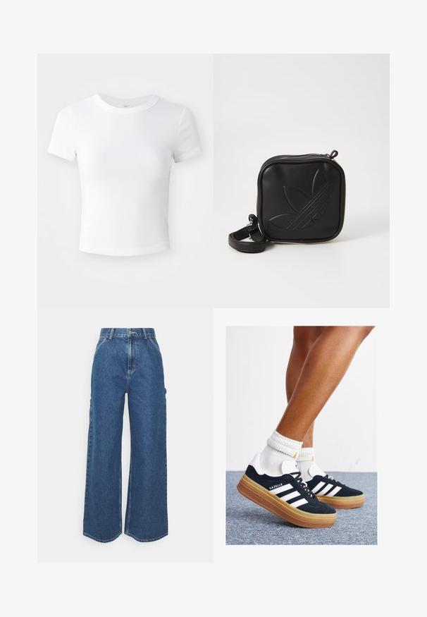 Plain white short-sleeve cropped t-shirt with round neckline, displayed on a neutral light background.; Wide-leg blue denim trousers with a high waist, contrasting stitching, and side pockets, featuring a classic five-pocket design and raw hems.; Black suede sneakers with white stripes and accents, rounded toe, gum rubber outsole, paired with white ribbed crew socks.; Black square crossbody bag made of textured synthetic material. Features an embossed logo design and adjustable strap. Zipper closure.