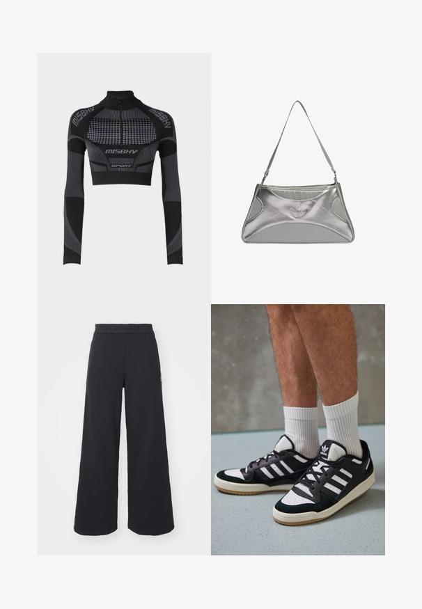 Haut de sport noir court avec manches longues, col montant, demi-fermeture éclair, panneaux texturés et lignes et accents gris contrastants.; Pantalons de survêtement larges noirs en tissu doux, dotés d'une taille élastique et d'un petit logo sur le côté gauche.; Baskets noir et blanc avec une tige en suède et cuir, comportant trois rayures blanches, un bout perforé et une semelle en caoutchouc gum.; Sac à main en métal argenté avec un design structuré et élégant, présentant un corps texturé, une bandoulière et un accent avec un logo en relief.