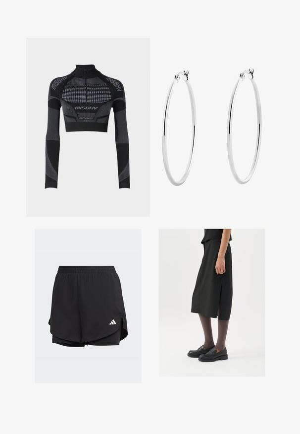 Svart cropped treningsgenser med lange ermer, høy krage, halv glidelås, teksturerte paneler og kontrasterende grå linjer og detaljer.; Svarte treningsshorts med elastisk midje, lagdelt design, innvendige tettsittende shorts, og en hvit logo nederst til venstre.; Svart knelengde skjørt med sidespalte, parret med svarte loafers og gjennomsiktige brune strømpebukser, med en glatt stoffkvalitet og enkel design.; Sølv ringøredobber med en glatt, polert overflate og en tynn, sirkulær form. Designet har en sikker clasp.