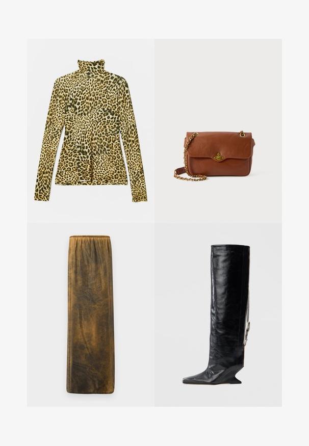 Langarm-Turtleneck-Shirt im Leopardenmuster. Ausweiches, dehnbare Stoff mit einem gelb-schwarzen Farbmuster. Figurbetonte Passform.; Brauner, langer Rock mit glatter Textur und subtilen marmorierten Mustern. Elastischer Bund oben; keine sichtbaren Verschlüsse.; Schwarz kniehoher Lederstiefel mit spitz zulaufender Zehenpartie, einzigartigem Keilabsatz und seitlichem Kettenakzent. Glatte Textur mit glänzendem Finish.; Braune Leder-Crossbody-Tasche mit Klappenverschluss, goldenen Beschlägen und einer Kettenriemen. Glatte Textur, rechteckige Form, minimalistische Details.