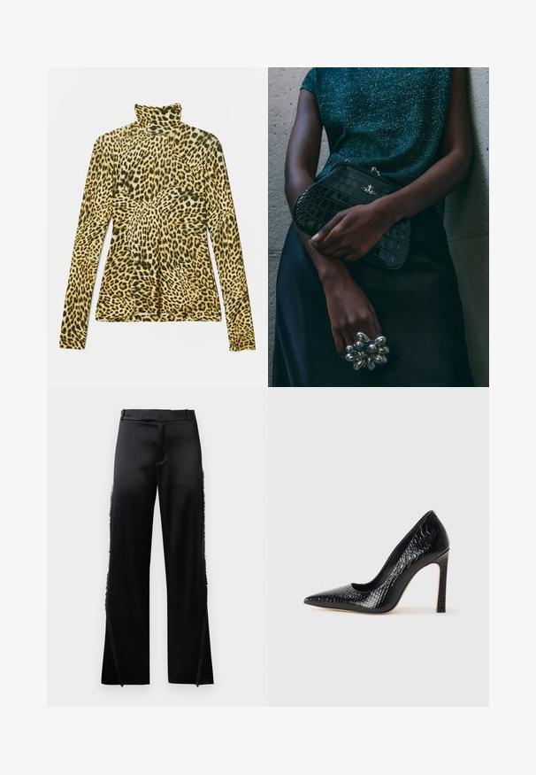 Long-sleeve turtleneck shirt in leopard print. Features a soft, stretchy fabric with a yellow and black color pattern. Fitted design.; Black satin pants with wide legs, featuring fringe details along the side seams and a flat front waistband. Plain back without pockets.; Black pointed-toe high heel shoe with a crocodile-skin texture, featuring a sleek design, high stiletto heel, and smooth black interior.; Black crocodile-patterned clutch bag with silver hardware, held against a textured gray background. Features a shiny surface.