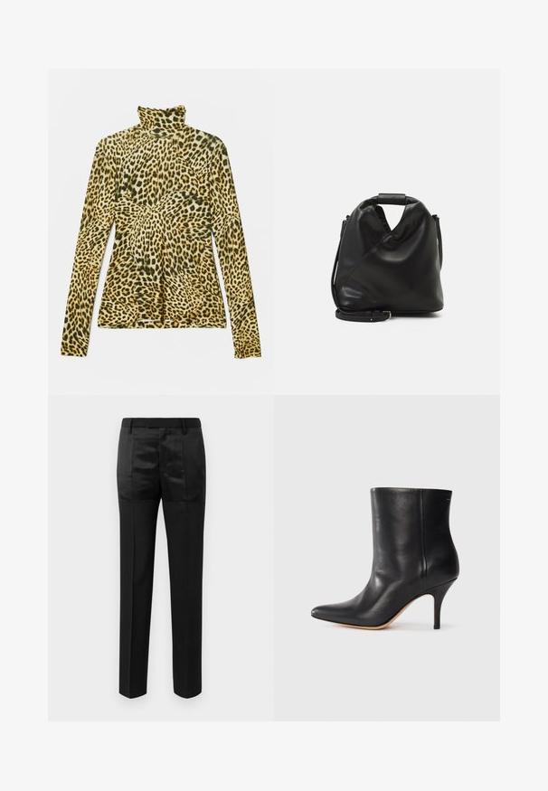 Maglietta a maniche lunghe con colletto alto in stampa leopardata. Realizzata in un tessuto morbido e elasticizzato con un pattern giallo e nero. Design aderente.; Pantaloni neri su misura con gamba dritta e una vita con passanti per cintura, caratterizzati da un mix di pannelli di tessuto opaco e lucido.; Stivale alla caviglia in pelle nera con punta affilata, sottile tacco a stiletto e superficie liscia. Design minimalista senza hardware o accenti visibili.; Borsa nera in pelle morbida con un design unico e attorcigliato. Presenta una maniglia corta e una tracolla removibile. Stile minimalista.