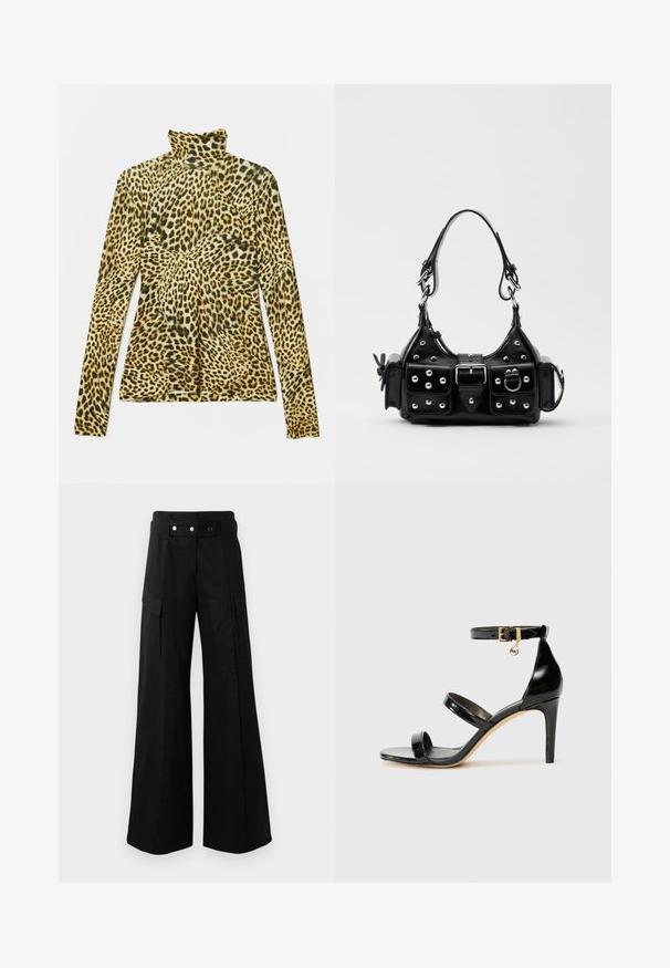 Koszulka z długim rękawem i golfem w leopardzi wzór. Wykonana z miękkiego, elastycznego materiału w żółto-czarny wzór. Dopasowany krój.; Czarne szerokie spodnie z wysokim stanem, z dużymi bocznymi kieszeniami, dwoma guzikami z przodu i detalem w kształcie pętli. Wykonane z mocnej tkaniny.; Czarne lakierowane sandały na paski z trzema paskami, zapięciem na kostce i 10-centymetrowym obcasem w szpilce. Zawierają złote detale oraz zawieszkę z logo.; Czarna skórzana torebka w zakrzywionym kształcie, z srebrnymi ćwiekami, klamrą i dwoma bocznymi kieszeniami. Regulowany pasek umożliwiający różne opcje noszenia.