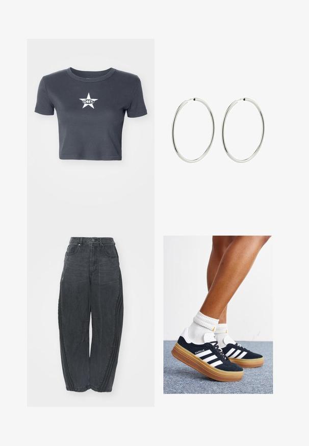 Šedé zkrácené tričko s ribbed texturou, kulatým výstřihem a bílou hvězdou s nápisem "OBEY" vytištěným uprostřed.; Pohodlné černé džíny z denimu s opraným vzhledem, pěti kapsami, zapínáním na knoflík v pase a prošíváním na přední straně a bocích.; Černé semišové tenisky s bílými pruhy a detaily, zaoblenou špičkou, podrážkou z gumy barvy žvýkačky, doplněné bílými žebrovanými ponožkami ke kotníkům.; Stříbrné kruhové náušnice s hladkým, lesklým povrchem. Kružnicový tvar, rovnoměrná šířka, navrženy pro snadné zapínání. Jednoduché a elegantní.