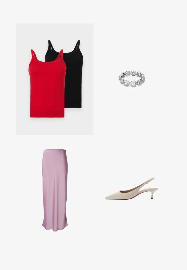 Twee geribbelde tanktops in rood en zwart. Elke heeft dunne bandjes, een slim fit en een zachte katoenen textuur. Geen zichtbare logo's of patronen.; Lange, A-lijn rok van lichtroze satijnen stof. Glad textuur met een vloerlange ontwerp en een eenvoudige, onversierde silhouet.; Beige slingback hakken met een puntige neus en een lage, uitlopende hak. Gemaakt van glad leer met een minimalistisch ontwerp en een verstelbare band.; Zilveren ring met ovale en ronde secties, versierd met meerdere heldere edelstenen, wat een gestructureerde, glinsterende uitstraling creëert.