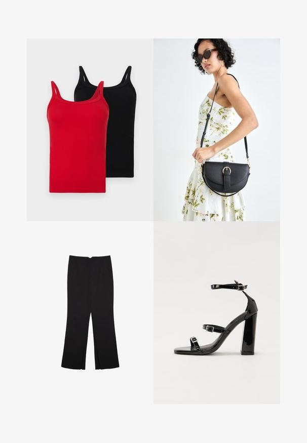 Due top in cotone a coste, uno rosso e uno nero. Ognuno ha spalline sottili, una vestibilità aderente e una texture morbida. Nessun logo o motivo visibile.; Pantaloni neri a gamba dritta, con tasche frontali e spacchi laterali all'orlo. Realizzati in tessuto morbido e liscio. Adatti a diverse occasioni.; Sandali con tacco in vernice nera, con punta squadrata, cinturini alla caviglia e fibbie in argento. Presentano un tacco a blocco spesso per maggiore stabilità.; Borsa a tracolla nera in pelle con una forma curva, manico rimovibile e accessori dorati. La borsa presenta una patta con un dettaglio a fibbia.