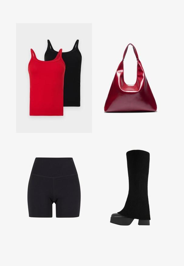 Two ribbed tank tops in red and black. Each has thin straps, a slim fit, and a soft cotton texture. No visible logos or patterns.; Black high-waisted shorts made of stretchy fabric. Features an elastic waistband, smooth texture, and mid-thigh length with a seamless design.; Black knee-high boot with a ribbed fabric upper, chunky platform sole, and block heel, featuring a smooth texture and sleek, modern design.; Red glossy leather handbag with a triangular shape, wide top opening, and a single curved handle. Smooth texture with minimal stitching details.