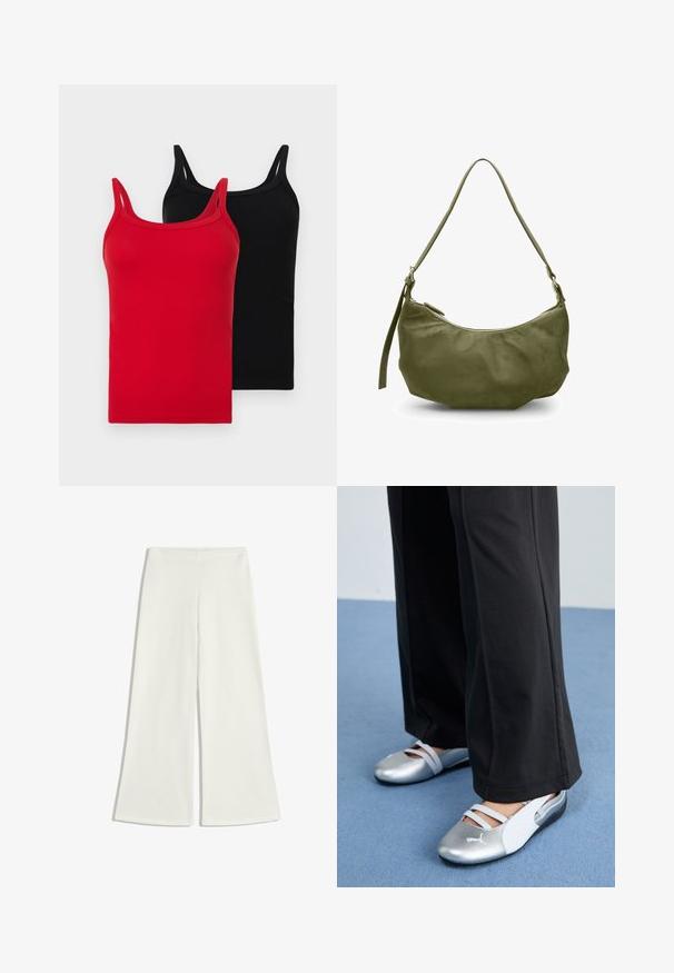 Twee geribbelde tanktops in rood en zwart. Elke heeft dunne bandjes, een slim fit en een zachte katoenen textuur. Geen zichtbare logo's of patronen.; Witte wijde broek gemaakt van gladde stof. Ze hebben een hoge taille en geen zichtbare naden, wat zorgt voor een strakke silhouet.; Zilveren en witte platte schoenen met kruislingse banden en textuurdetails, aangevuld met losse zwarte broeken. Geplaatst tegen een blauwe vloer.; Olijfgroene leren schoudertas met een gebogen vorm, ritssluiting en verstelbare schouderband. Vriendelijke textuur met minimale hardware-accenten.