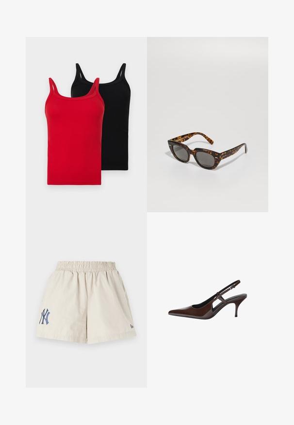 Dvě žebrované tílka v červené a černé barvě. Každé má tenké ramínka, úzký střih a měkkou bavlněnou texturu. Žádné viditelné logo nebo vzory.; Béžové bavlněné šortky s elastickým pasem, s námořnickým vyšitým logem NY na levé straně a malým námořnickým logem na lemu.; Hnědé lakované kožené lodičky na podpatku s špičatou špicí, otevřenými výřezy a tenkým podpatkem. Disponují nastavitelným páskem se sponou.; Sluneční brýle s kočičími ušima a šedými skly. Mají úhlové obroučky, lesklý povrch a decentní logo na stranách.; Hnědá taška z faux semiše s dvěma pevnými ušima, strukturovaným tvarem a minimalistickým designem, který obsahuje jemné akcenty šití.