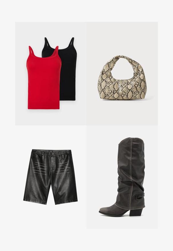 Dwa prążkowane topy na ramionkach w kolorze czerwonym i czarnym. Każdy z nich ma cienkie ramiączka, slim fit oraz miękką bawełnianą fakturę. Brak widocznych logo lub wzorów.; Czarne szorty z syntetycznej skóry o gładkiej teksturze, pięcioma kieszeniami i subtelnymi paskami na przodzie. Klasyczny, prosty krój.; Szare skórzane botki do połowy łydki o luźnym kroju, wносująca toe i z blokowanym obcasem. Zauważalne detale przeszycia w okolicy palców.; Torebka w wężowy wzór z zakrzywionym uchwytem. Wykonana z teksturowanych, beżowych i brązowych materiałów, z charakterystycznym wzorem w diamenty.