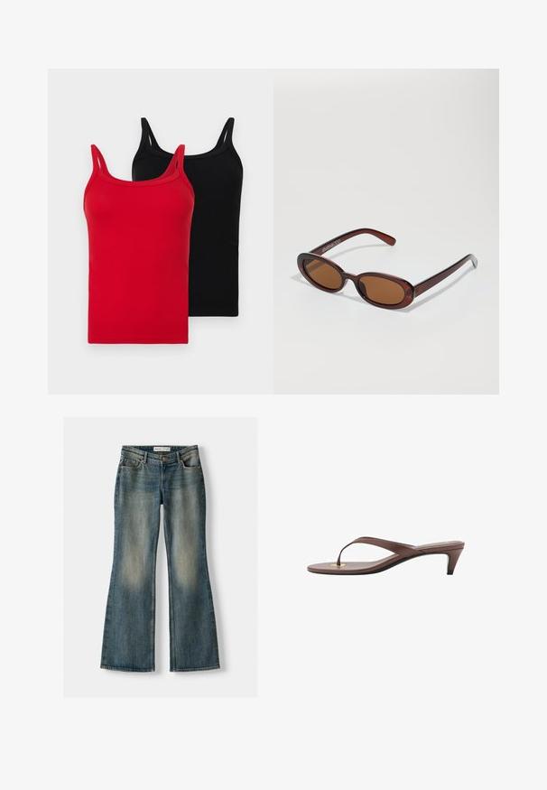 Dve rebrované tielka v červenej a čiernej farbe. Každé má tenké ramienka, úzky strih a jemnú bavlnu. Žiadne viditeľné logá ani vzory.; Modré vyšívané džínsy s vyblednutým vzhľadom, piatimi vreckami a zapínaním na gombík. Materiál zobrazuje denimovú textúru s jemnými švovými detailmi.; Hnedá platformová žabková sandála s úzkym remienkom a zaobleným prstom, s malým zlatým akcentom na podrážke.; Okrúhle slnečné okuliare s hnedým nádychom a lesklým burgundským rámom. Úzke ramená s jemným brandovaním. Plochej šošovky dizajn.; Hnedá semišová hobo taška so splývavým tvarom, vybavená zakrivenou hornou rukoväťou a trojúhelníkovými panelmi na prednej a zadnej strane.