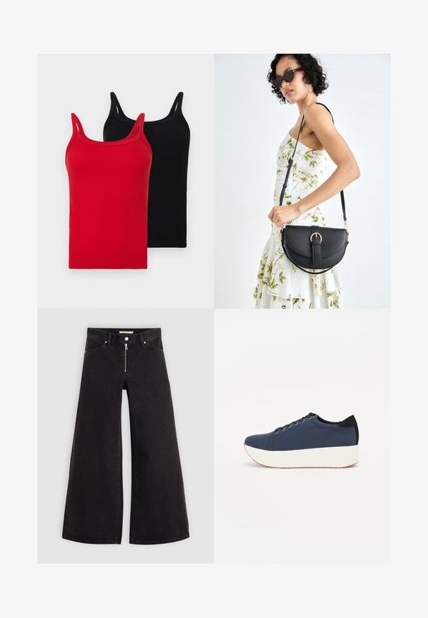 Two ribbed tank tops in red and black. Each has thin straps, a slim fit, and a soft cotton texture. No visible logos or patterns.; Wide-leg jeans in black denim with a zippered front, five-pocket design, and subtle stitching details. Smooth texture and casual style.; Navy blue sneaker with a textured fabric upper, white platform sole, rounded toe, and black heel accent. Features six eyelets for laces.; Black leather handbag with a curved shape, detachable strap, and gold hardware. The bag features a flap with a buckle detail.
