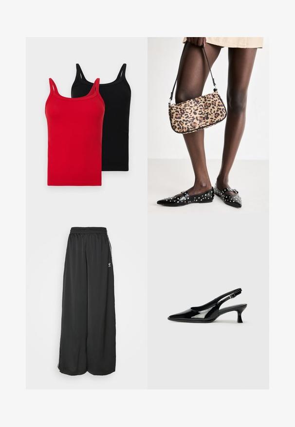 Du žalius liemenėles raudonos ir juodos spalvos. Kiekviena turi plonas petnešėles, liekną siluetą ir minkštą medvilnės tekstūrą. Nėra matomų logotipų ar raštų.; Juoda laisva kelnės sportui, pagamintos iš lygios medžiagos. Turi elastinį juosmenį ir šonines juosteles su logotipo akcentais.; Juodų lakinės odos slingback batų su smailiu šonu ir žemu blokiniu kulnu. Reguliuojama sagtis aplink kulkšnį.; Pleistos raštuotas rankinukas su juoda dirželiu, turintis stačiakampio formą ir lygią tekstūrą. Rankinukas laikomas greta juodų naginėlių su kalnų krištolu.