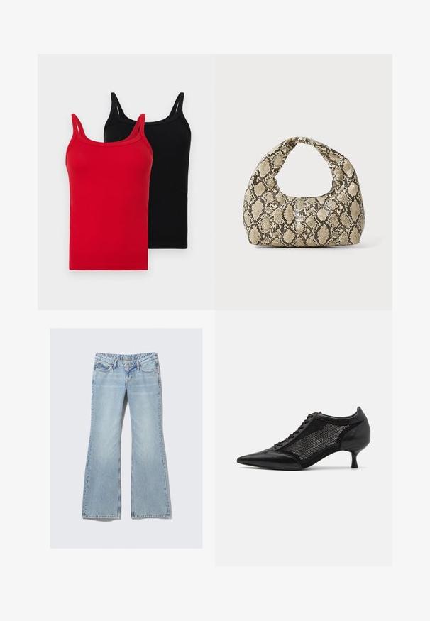 To ribbede tanktopper i rød og svart. Hver av dem har tynne stropper, en slank passform og en myk bomullstekstur. Ingen synlige logoer eller mønstre.; Weekday NOVA - Jeans slim fit - lip blue; Svart spiss tå-sko med meshpaneldesign, med lav hæl og snøring foran. Laget av en kombinasjon av lær og meshmateriale.; Veske med slangeskinnmønster og krummet håndtak. Laget av teksturerte, beige og brune materialer, med et særegent diamantmønster.