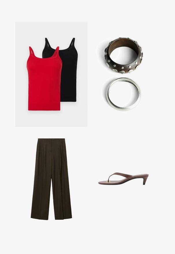 Dvě žebrované tílka v červené a černé barvě. Každé má tenké ramínka, úzký střih a měkkou bavlněnou texturu. Žádné viditelné logo nebo vzory.; Kalhoty s širokými nohavicemi ve tmavě olivově zelené látce, s plisováními, rovného střihu a hladkou texturou. Žádné viditelné kovové prvky ani akcenty.; Hnědé sandály s podpatkem a tenkým páskem, zaoblenou špičkou a malým zlatým akcentem na stélce.; Dřevěný prsten s kovovými hroty, tmavě hnědé barvy, s texturovaným povrchem. Hladký stříbrný prsten, jednoduchý design.