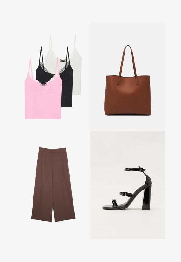 Tre canotte nei colori rosa, nero e bianco, con pizzo lungo il collo, spalline sottili e un tessuto liscio.; Pantaloni ampi marroni con una texture liscia, caratterizzati da una vita alta e pieghe frontali. Il tessuto è leggero e scorre liberamente.; Sandali con tacco in vernice nera, con punta squadrata, cinturini alla caviglia e fibbie in argento. Presentano un tacco a blocco spesso per maggiore stabilità.; Borsa tote in pelle marrone con texture liscia, design con apertura superiore e due spallacci. Presenta cuciture minime e nessun hardware visibile.