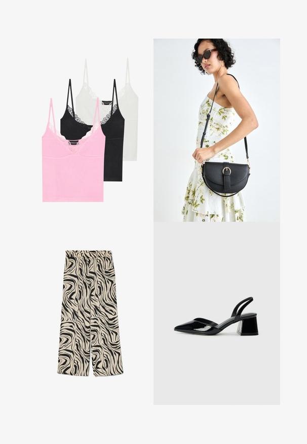 Drei Tops in Rosa, Schwarz und Weiß mit Spitzendetails an den Ausschnitten, dünnen verstellbaren Trägern und einer glatten Stofftextur.; Weite Hose auf einem cremefarbenen Hintergrund mit einem auffälligen schwarzen, abstrakten Zebra-Muster. Mit einem elastischen Taillenbund und einer glatten Textur.; Schwarze Lackleder-Slingback-High Heels mit spitzem Schuh und einem geometrischen Blockabsatz. Verfügt über ein schlankes, minimalistisches Design und eine glatte Textur.; Schwarze Lederhandtasche mit geschwungener Form, abnehmbarem Tragegurt und goldenen Beschlägen. Die Tasche verfügt über einen Deckel mit einer Schnallen-Details.