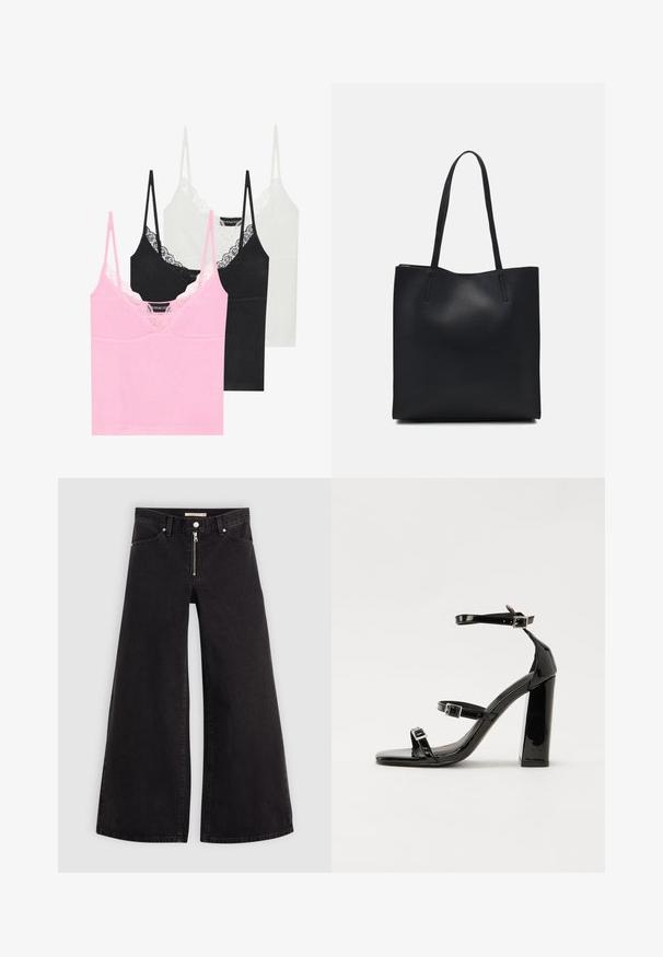 Tre toppe i lyserød, sort og hvid med blonder langs udskæringen, tynde justerbare stropper og en glat stofstruktur.; Vide ben jeans i sort denim med lynlås foran, fem lomme-design og subtile stikninger. Glat tekstur og afslappet stil.; Sorte patenterede hælsandaler med firkantet tå, ankelremme og sølvspænder. Har en chunky blokHæl for stabilitet.; Sort læder tote taske med glat tekstur, rektangulær form og to lange hanke. Ingen synlig hardware eller udsmykninger.
