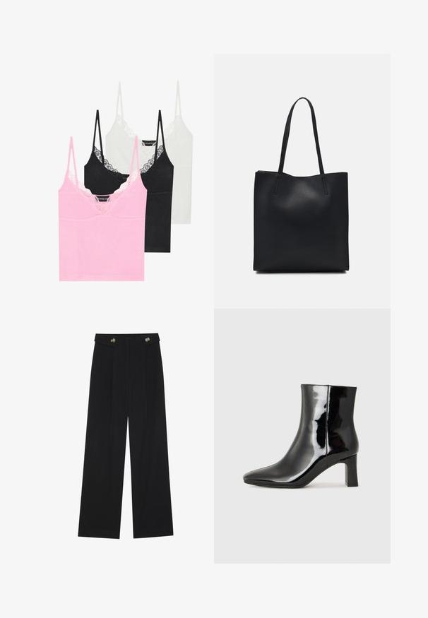 Drei Tops in Rosa, Schwarz und Weiß mit Spitzendetails an den Ausschnitten, dünnen verstellbaren Trägern und einer glatten Stofftextur.; Schwarze weite Hosen mit hoher Taille, Knopfdetails am Bund und vorderen Falten.; Schwarzer Lackleder-Stiefelette mit spitzer Zehe und einem mittelhohen Blockabsatz. Glatte Textur und minimalistisches Design.; Schwarze Laptoptasche aus Leder mit glatter Textur, rechteckiger Form und zwei langen Griffen. Keine sichtbaren Beschläge oder Verzierungen.