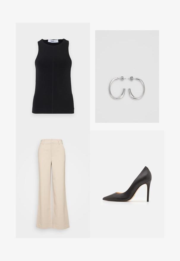 Svart ärmlös topp tillverkad av ett glättigt tyg, med rund halsringning, figurnära design och subtil sömnad längs sidorna.; Beige vida byxor med en slät yta, med hög midja och två framfickor. Ren design med en skräddarsydd passform.; Svart läder högklackad pumpsko med spetstipp och slät textur, med en smal klack och minimalistisk design.; Silverfärgade hängande örhängen med en slät, blänkande yta. Rundad form, lätt design, med ett stift- och bakstängning.