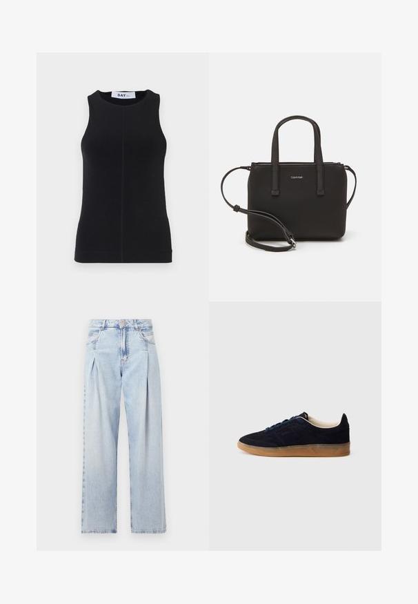 Černý top bez rukávů vyrobený z hladké látky, s kulatým výstřihem, přiléhavým střihem a jemným prošíváním po stranách.; Světlé modré džíny z denimu s vysokým pasem, širokým střihem, dvěma bočními kapsami a nařaseným designem. Měkká textura s vybledlým povrchem.; Námořnicky modrá semišová teniska s podrážkou z gumové pryže, modrými tkaničkami a minimalistickým designem. Na boku je vyražené logo a uvnitř je hladká podšívka.; Černá kabelka s dvojitými krátkými uchy a odnímatelným ramenním popruhem. Hladký koženkový materiál s uzávěrem na zip a detailem loga.