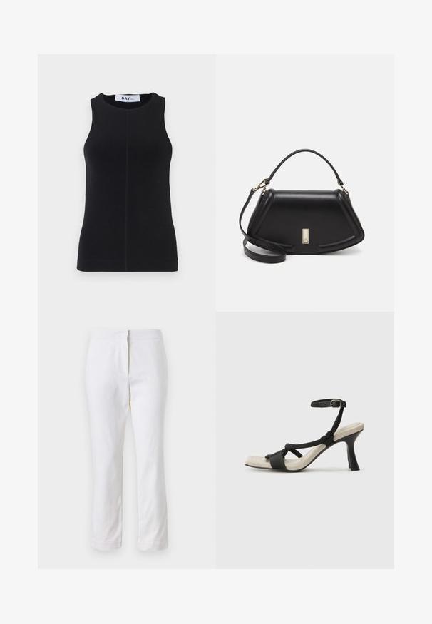 Fekete ujj nélküli felső sima anyagból, kerek nyakkivágással, testhezálló alakítással és finom varrásokkal az oldalakon.; Fehér pamut nadrág egyenes lábformával, közepes derékkal, látható fémrészek vagy minták nélkül. Sima textúra az egész anyagon.; Fekete sarkú szandál fonott pánttal, négyzet alakú orral és állítható bokapánttal. Világos bézs talpbetét fényes fekete sarkával.; Fekete bőr kézitáska, strukturált dizájnnal, rövidített formával, felső fogantyúval és arany színű kiegészítőkkel. Állítható vállpánt is tartozik hozzá.