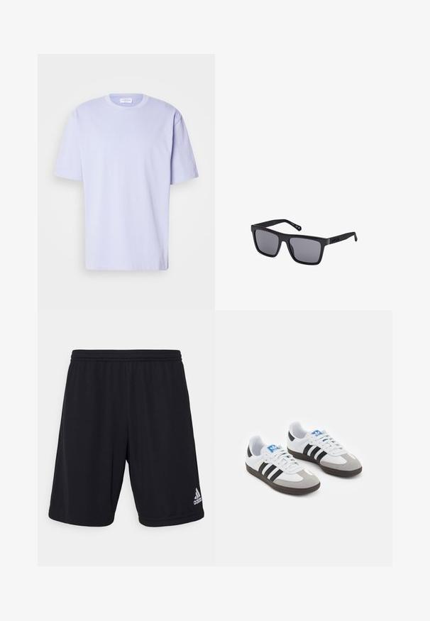 Helles lavendelfarbenes Baumwoll-T-Shirt mit Rundhalsausschnitt, kurzen Ärmeln und lockerer Passform. Glatte Textur, keine sichtbaren Muster oder Akzente.; Schwarze Sportshorts aus einem leichten, atmungsaktiven Stoff. Mit einem Gummibund und einem silbernen Adidas-Logo auf der unteren rechten Seite.; Sportschuhe mit einem Obermaterial aus weißem Leder, grauer Wildleder-Zehenkappe und drei schwarzen Streifen. Sie verfügen über ein blaues Logo auf der Zunge und eine strukturierte Gummisohle.; Schwarze rechteckige Sonnenbrille mit dunklen Gläsern, matter Oberfläche und Logodetail am Bügel. Das Design hat gerade Kanten und dicke Rahmen.