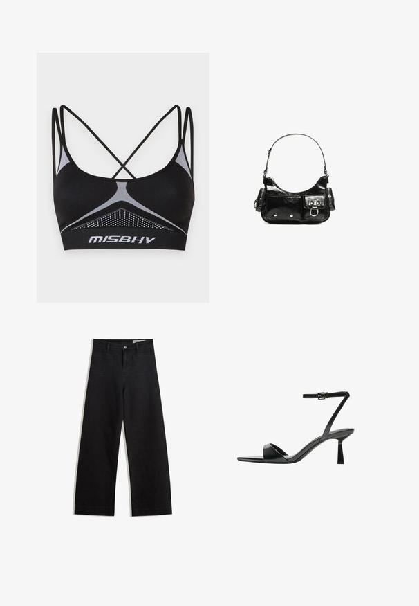 Sutien sport negru cu bretele încrucișate, având un panou din plasă texturată și linii de accent alb. Logo-ul este afişat pe banda sutienului.; Pantaloni din denim negri cu picioare largi, cu talie înaltă, având buzunare frontale și posterioare, cusături dublate și închidere cu nasture. Textură netedă.; Bershka Sandale cu toc - black; Geantă de mână din piele lăcuită neagră, cu o formă curbată, un umăr, buzunare frontale și accente din metal argintiu.