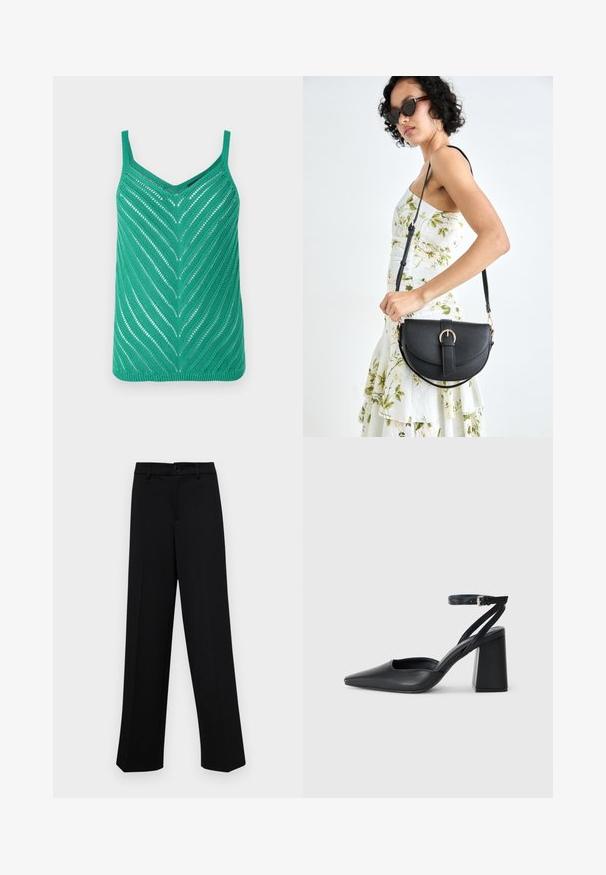Green knitted tank top featuring a V-neck, chevron pattern, and thin straps. Open stitch design adds texture and visual interest.; Black wide-leg trousers made of smooth fabric, featuring a classic waistband with a button closure and front pleats.; Black leather pointy-toe pump with an ankle strap and a chunky heel. Flat texture, sleek design, and minimalistic aesthetics.; Black leather handbag with a curved shape, detachable strap, and gold hardware. The bag features a flap with a buckle detail.