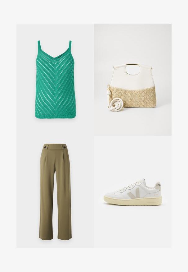 Zelený pletený top bez rukávov s výstrihom do V, vzorom v tvare chevronu a tenkými ramienkami. Otvorený vzor pridáva textúru a vizuálny záujem.; Olivovo zelené, široké nohavice s vysokým pásom, so zdvojenými čiernymi gombíkmi na páse a prednými sklady. Hladká textúra látky.; Biele kožené tenisky s béžovými semišovými akcentmi, perforovanou špičkou, plochými šnúrkami a textúrovanou krémovou podrážkou. Obsahujú jemné označenie na päte.; Biely kožený kabelka so štruktúrovaným krémovým tkaným dnom. Obsahuje zlatý úchyt a vinutý biely popruh pre univerzálnosť.