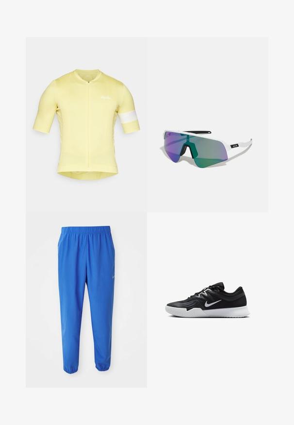 Gul cykeltrøje med korte ærmer, tætsiddende design, tekstureret stof, lynlås foran, og et hvidt accentbånd på ærmet. "Rapha" logo til stede.; Blå atletiske bukser med elastisk talje, lige ben-design og indsnævrede afslutninger. Har Nike-logo i guld på venstre side.; Sort atletiksko med en tekstureret overdel, hvid Nike swoosh og en hvid gummisål. Har en snørret design og dynamisk form.; Sport solbriller med en hvid ramme og store gradientlinser, der har lilla og grønne nuancer; skarp, vinkelret design med en central næsebro.