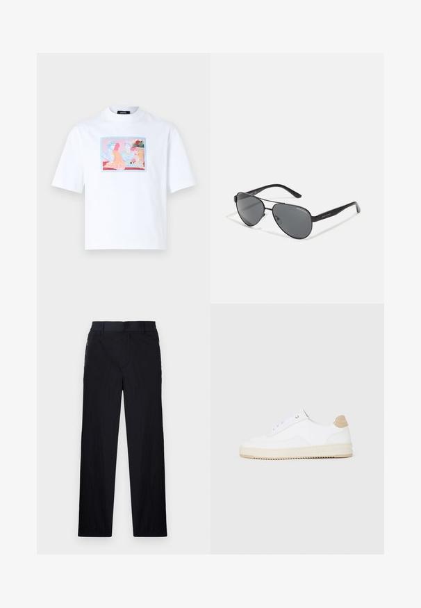 Tricou din bumbac alb, cu un design imprimat colorat reprezentând figuri clasice într-un cadru rectangular pe față. Mâneci scurte și croială lejeră.; Pantaloni negri dintr-un material ușor, texturat, cu croială drept pentru picioare, talie elastică și buzunare laterale cu fermoar.; Tenisi albi cu vârful jos, cu un exterior din piele texturată, talpă crem cu striații și accent de călcâi în nuanță de bej. Au șireturi albe și detalii cu logo pe călcâi.; Ochelari de soare aviator negri cu lentile întunecate, cadru subțire din metal și brațe înguste din plastic, având accente cu logo.