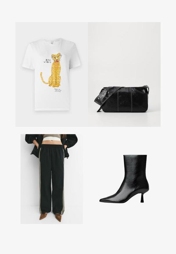 Tricou alb din bumbac cu un grafic de leopard galben purtând ochelari, având textul "VIBRAȚII RELE" și "NU IEȘI CU RUJUL MEU."; Pantaloni joggeri negri, lejeri, cu talie elastică și buzunare laterale, având dungi contrastante de un bej deschis pe lungimea picioarelor.; Botine negre până la gleznă, fabricate din piele lucioasă, cu vârf ascuțit și toc subțire, având o textură netedă și un design minimal.; Geantă de umăr din piele neagră cu închidere cu fermoar, având un corp texturat, cusături albe și o curea cu ochiuri argintii.