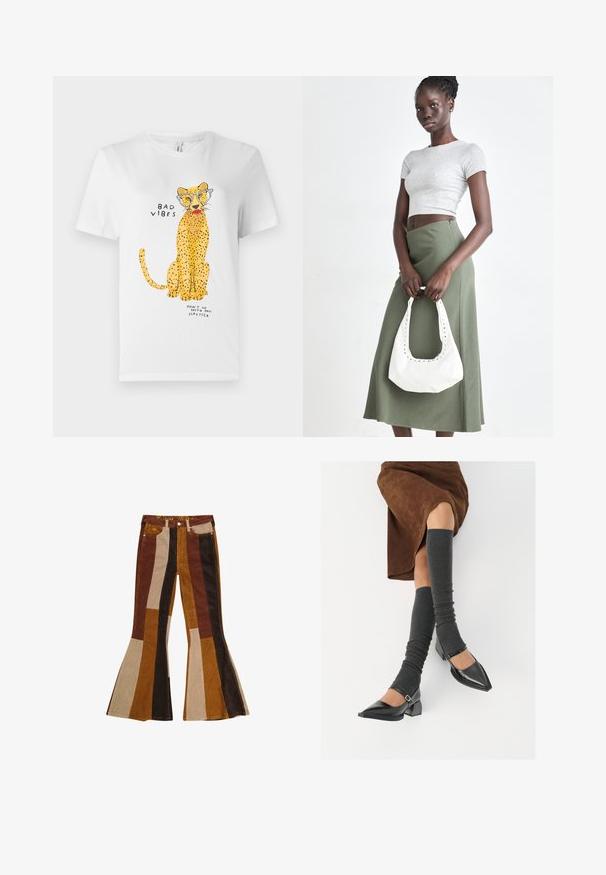 Weißes Baumwoll-T-Shirt mit einem gelben Leoparden-Graphic, der eine Brille trägt, sowie dem Text "SCHLECHTE VIBES" und "GEH NICHT MIT MEINEM LIPPENSTIFT".; Schlaghosen aus Cordstoff mit einem gestreiften Muster in Braun-, Beige- und Goldtönen, mit Taschen und farbigem Bund.; Schwarze lacklederne spitze Schuhe mit Blockabsatz und Knöchelriemen, kombiniert mit grauen gerippten Beinstulpen und einem braunen Wildlederrock.; Grauer gerippter Croptop und olivgrüner Rock mit hoher Taille. Das Modell hält eine weiße Schultertasche mit Ausschnittdetails. Schlichte Gestaltung, taillierte Silhouette.