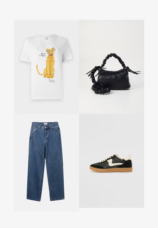 Witte katoen t-shirt met een gele luipaardafbeelding die een bril draagt, met de tekst "SLECHTE VIBES" en "GA NIET MET MIJN LIPSTIFT."; Klassieke blauwe denim jeans met een rechte pijp, vijf zakken en een knoopsluiting. Heeft een middelgrote wasbeurt en stevige textuur.; Zwarte suède en leren sneaker met een crèmekleurige zij-swoosh en lichte crèmekleurige hiel. Voorzien van beige veters en een gumrubberen zool.; Zwarte nepleer handtas met een krokodillenstructuur, opgedroogde bovenkant en een gekreukte hengsel. Het lijkt zacht en compact van ontwerp.