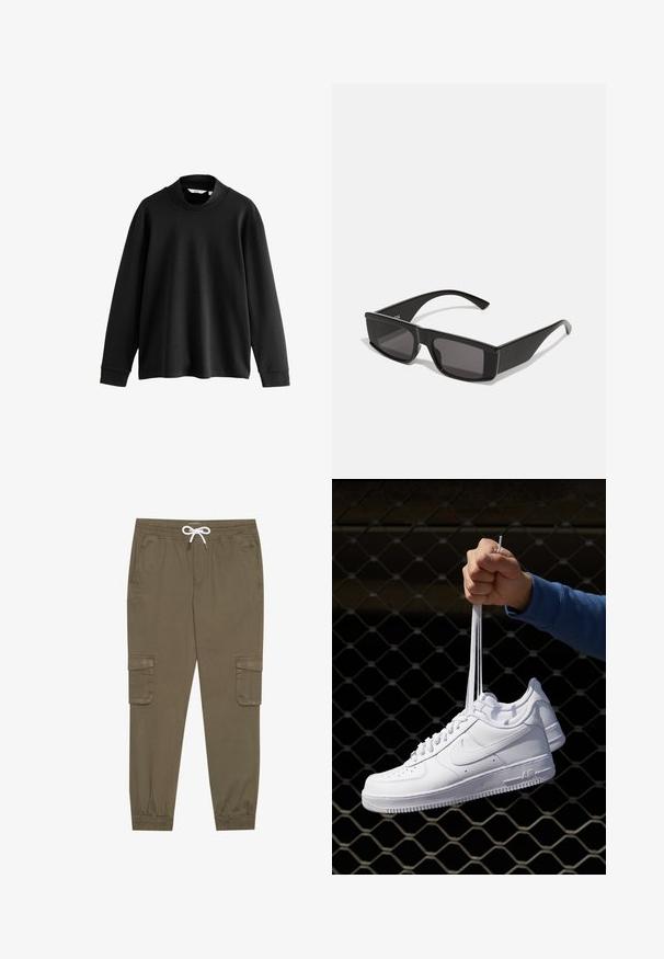 Must mustaga heledad varrukas ja kõrge kaelusega must särk, mis on valmistatud pehmest kangast. Särgil on langevad õlad ja soonikkoes mansetid, tagades mugava istuvuse.; Khaki cargo püksid elastse vöökoha ja stringiga, külgtaskud ja voltidega pahkluude juures. Valmistatud tekstureeritud, kerget materjalist.; Valged nahast tennisetossud, millel on perforatsioonid, ümar nina, lame tallus ja paksud nöörid, nähtava swooshi logoga ja "AIR" kontsadel.; Mustad mustad prillid, millel on ristkülikukujulised raamide ja tumedad objektiivid. Valmistatud läikivast plastikust, millel on nurgeline disain ja kitsad varred.