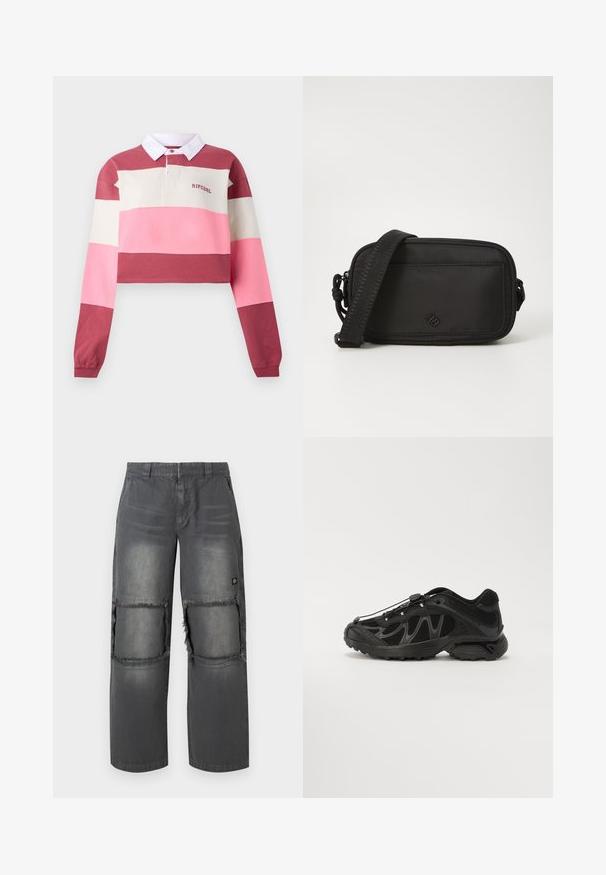 Pikkade varrukatega polo särk lühendatud disainiga, horisontaalsete triipudega punases, roosas ja kreemis. Valge krae, millel on tikitud logo.; Halli denimpüksid lõdva lõikega, millel on kulunud põlvekohad, kontrastne tikand ja väike logo küljel.; Mustad mustreeritud mustad spordijalatsid, millel on võrgusilma ülemine osa, kumer disain ja kummist põhi. Omab elastseid paelu ja tekstureeritud aktsente, mis tagavad haarde.; Musthave mustri nútiga kott mustast nailonist, millel on tõmblukk, lame eestasku ja tekstureeritud rihm. Ees on väike logo.