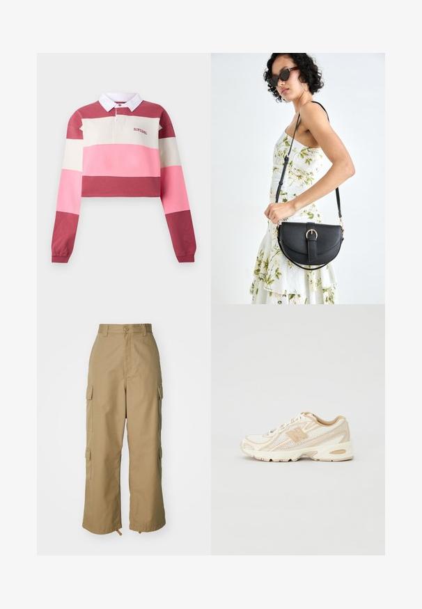 Polo majica z dolgimi rokavi in krajšo zasnovo, s horizontalnimi črtami v rdeči, roza in kremni barvi. Bela ovratnica z izvezenim logotipom.; Bežne cargo hlače z visokim pasom, širokimi nogami in štirimi velikimi stranskimi žepi. Narejene so iz trpežnega materiala z gladko teksturo in minimalnimi detajli.; Lahki tekaški čevlji iz belega mrežastega materiala in bež sintetičnih materialov, opremljeni z oblazinjenim ovratnikom, vezalkami in teksturiranim gumijastim podplatom.; Črna usnjena torbica s ukrivljeno obliko, z odstranljivo naramnico in zlatimi dodatki. Torbica ima pokrov s podrobnostmi v obliki zaponke.