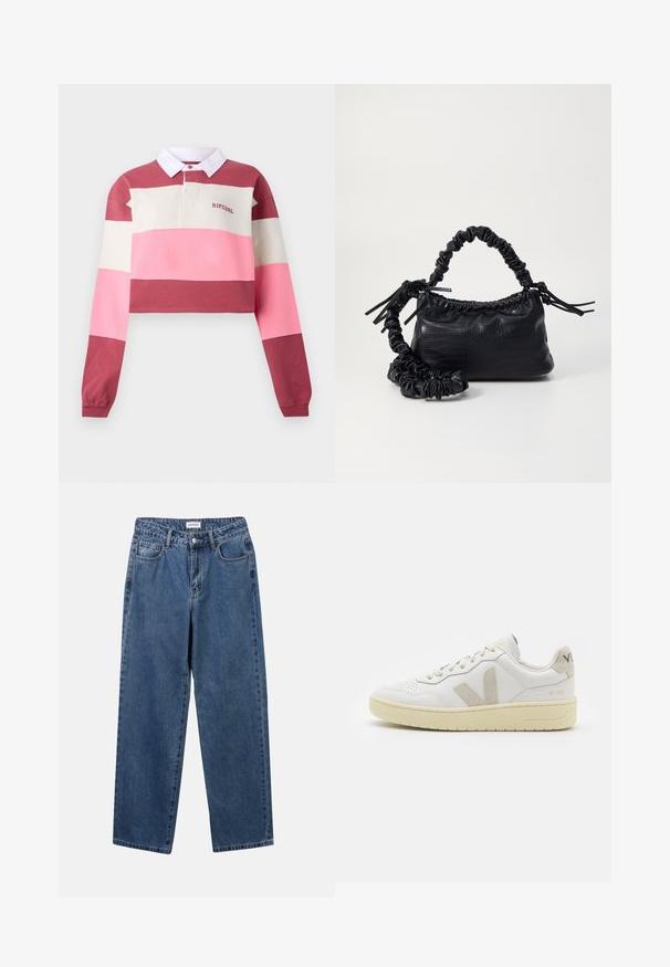 Langarm-Polohemd mit einem cropped Design, das horizontale Streifen in Rot, Rosa und Creme aufweist. Weißer Kragen mit gesticktem Logo.; Klassische blaue Denim-Jeans mit geradem Bein, fünf Taschen und Knopfverschluss. Sie verfügen über eine mittelblau gewaschene Optik und sind aus robuster Textur.; Weiße Ledersneaker mit beigen Wildlederakzenten, perforierte Zehenbox, flache Schnürsenkel und eine strukturierte cremefarbene Sohle. Mit dezentem Branding an der Ferse.; Schwarze Handtasche aus Kunstleder mit Krokodilstruktur, gerafftem oberen Teil und einem geschoppten Tragegurt. Sie wirkt weich und kompakt im Design.