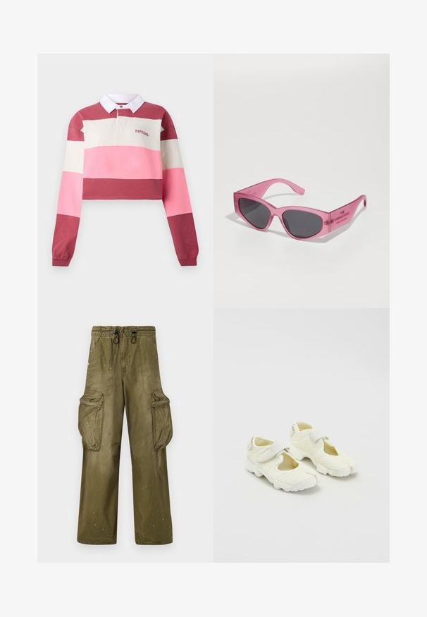 Poloko s dlouhým rukávem a zkráceným střihem, s vodorovnými pruhy v červené, růžové a krémové barvě. Bílý límec s vyšívaným logem.; Olivově zelené cargo kalhoty s uvolněným střihem, elastickým pasem, šňůrkou, dvěma bočními kapsami a dvěma velkými cargo kapsami. Světle opotřebované.; Bílé síťované boty se strukturovaným designem, které mají suchý zip a vyřezávané strany, texturovanou látku a silnou podrážku.; Růžové průhledné sluneční brýle s ostrými, kočičími tvary, tmavě zabarvenými skly a embosovaným textem na stranici, který zní "SLUNEČNÍ BRÝLE."