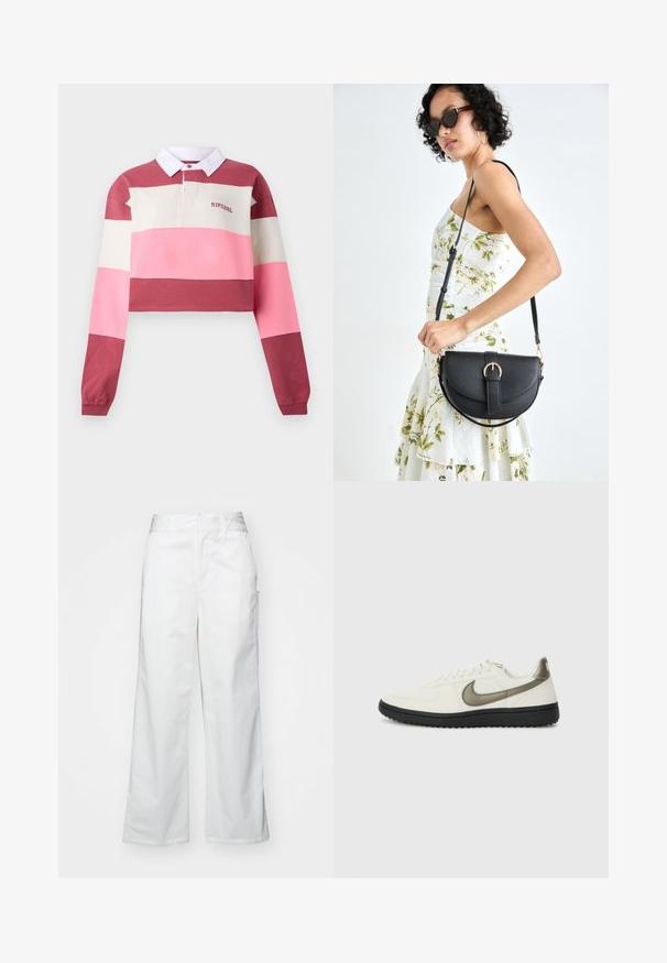 Langærmet polo skjorte med cropped design, prydet med horisontale striber i rød, pink og creme. Hvid krave med broderet logo.; Hvide brede bukser lavet af bomuld, med en glat overflade, lige pasform, forlommer og en ren kant.; Nike Sportswear FIELD GENERAL - Sneakers - off-white/black; Sort læderhåndtaske med en buet form, aftagelig rem og guldfinish. Tasken har en klap med en spænde detalje.