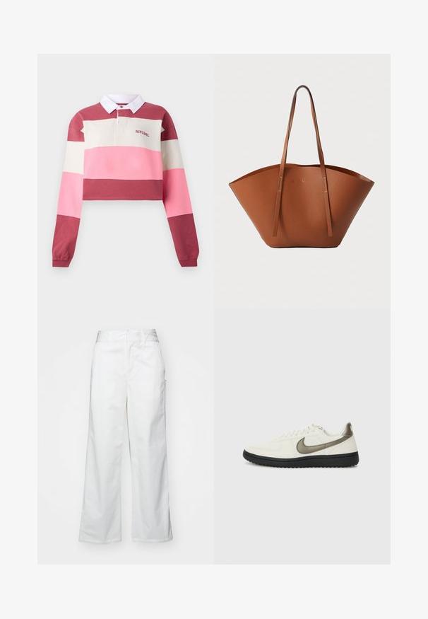 Langærmet polo skjorte med cropped design, prydet med horisontale striber i rød, pink og creme. Hvid krave med broderet logo.; Hvide brede bukser lavet af bomuld, med en glat overflade, lige pasform, forlommer og en ren kant.; Nike Sportswear FIELD GENERAL - Sneakers - off-white/black; Brun læder tote-taske med en bred, struktureret form, tynde håndtag og en tekstureret overflade. Har et minimalistisk design uden synligt hardware.