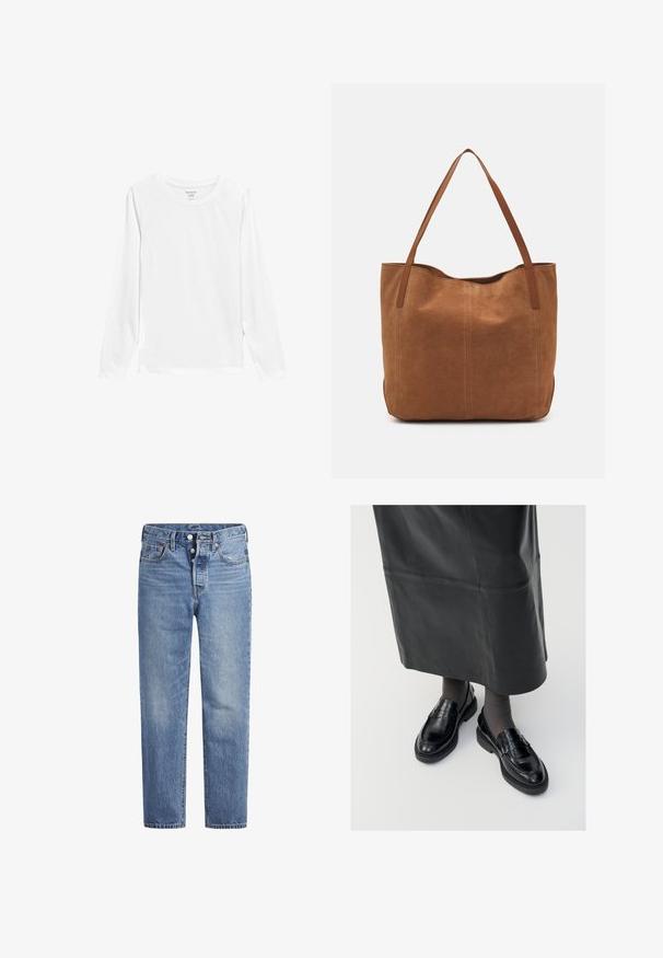 Marks & Spencer Top s dlouhým rukávem - soft white; Světle modré džíny s rovný střih, designem s pěti kapsami a knoflíkovým zapínáním. Mají jemné vyblednutí a oranžové prošití.; Černé kožené polobotky s hladkým povrchem, zdobené páskem, s kulatou špičkou a texturovanou podrážkou. Nosené s dlouhou černou koženou sukní.; Hnědá semišová taška s dvěma dlouhými uchy, se hladkým povrchem, jednoduchým designem a bez viditelného kování nebo dekorací.