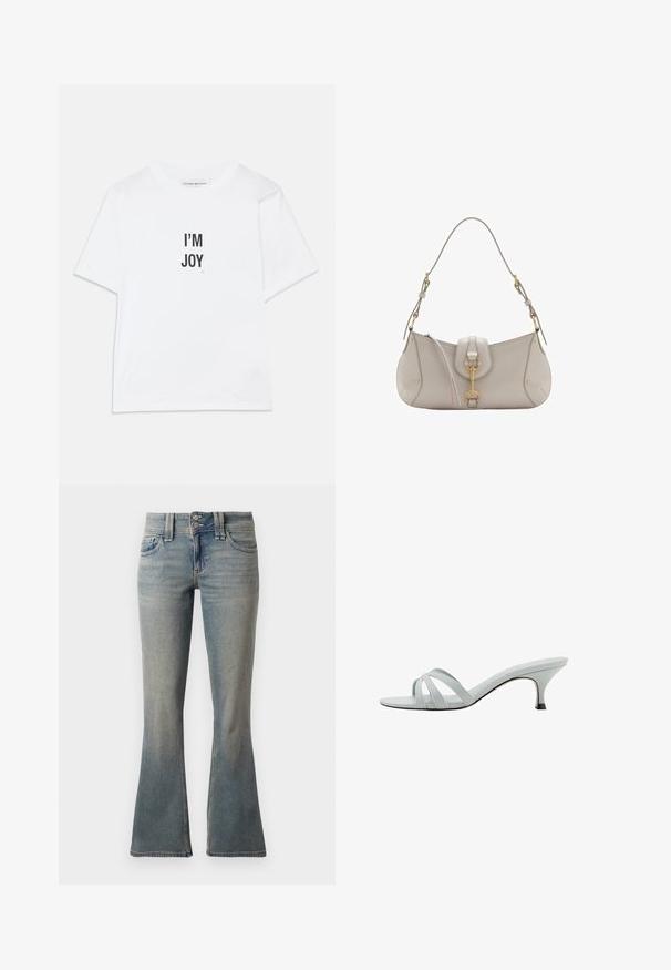 Tricou din bumbac alb, cu textul "SUNT BUCURIE" în negru, mâneci scurte, guler clasic și o croială lejeră.; Jeans evazati de culoare albastru deschis, realizati din denim. Prezinta doua buzunare frontale, inchidere cu buton si decolorari subtile pe material.; Sandale cu toc gri deschis, cu trei curele încrucișate, un profil subțire și un toc îngust. Textură netedă cu un finisaj ușor lucios.; Geantă de mână din piele gri deschis, cu o formă curbată, accesorii din aur, un sistem de închidere în față și detalii cusute. Include o curea de umăr ajustabilă.