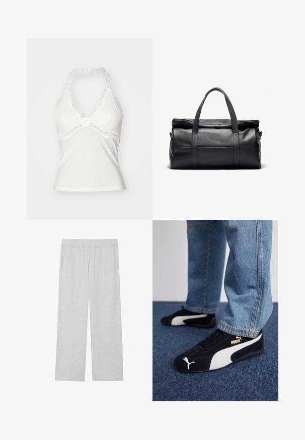 Valkoinen halterneck-toppi, jossa on pitsireunus kaula-aukossa, pehmeä kangas ja kevyesti vuoratut kupit, jotka luovat tiukan ja sileän siluetin.; Harmaat, leveät collegehousut, jotka on valmistettu pehmeästä kankaasta. Varusteena joustava vyötärö ja sivutaskut. Sujuva pinta ja siisti muotoilu.; Mustat mokkanahkaiset lenkkarit valkoisilla yksityiskohdilla, joissa on kultainen logo. Yhdistetty vaaleansinisiin farkkusiin ja asetettu tekstuuripintaiseen siniseen taustaan.; Musta nahkainen matkalaukku kahdella ylhäällä olevalla kahvalla, vetoketjukiinnitys ja sileä pinta. Varustettu hillityllä logolla ja minimalistisella muotoilulla.