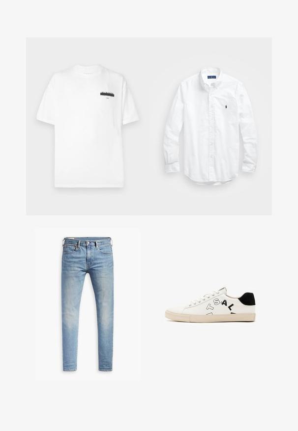T-shirt en coton blanc avec un col rond, des manches courtes et un graphique noir minimaliste imprimé sur la poitrine. Texture douce et coupe standard.; Chemise blanche à manches longues en coton. Dotée d'un col classique, de poignets à boutons et d'un petit logo brodé bleu marine sur la poitrine.; Jean slim bleu clair avec un léger délavage sur les cuisses, fermeture à bouton à l'avant, passants de ceinture et style à cinq poches sur fond blanc.; Sneaker en cuir blanc avec des accents noirs au talon, présentant de grandes lettres noires sur le côté et une semelle en caoutchouc. Design minimaliste.
