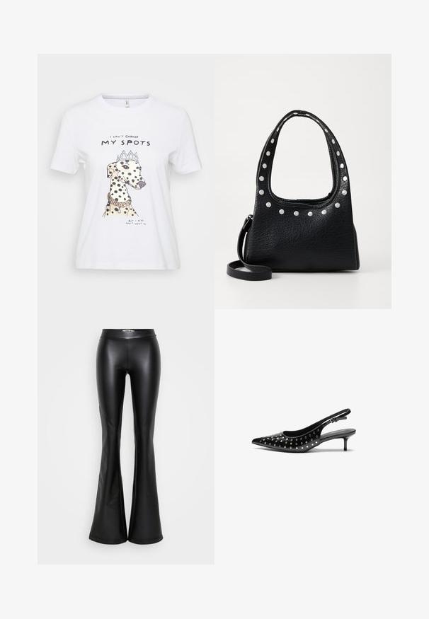 Camiseta blanca de algodón con una ilustración de un perro con manchas negras, que lleva una corona y un collar. El texto dice: "No puedo cambiar mis manchas."; Pantalones acampanados negros de cuero sintético brillante, con una cintura alta y una textura suave. Sin herrajes ni patrones visibles.; Zapatos de tacón slingback de cuero negro con punta afilada y tacón pequeño. Decorados con tachuelas metálicas a lo largo del empeine para añadir textura.; Bolso de mano de cuero negro texturizado con tachuelas plateadas a lo largo del borde superior y las asas, que cuenta con una asa corta y una correa desmontable.